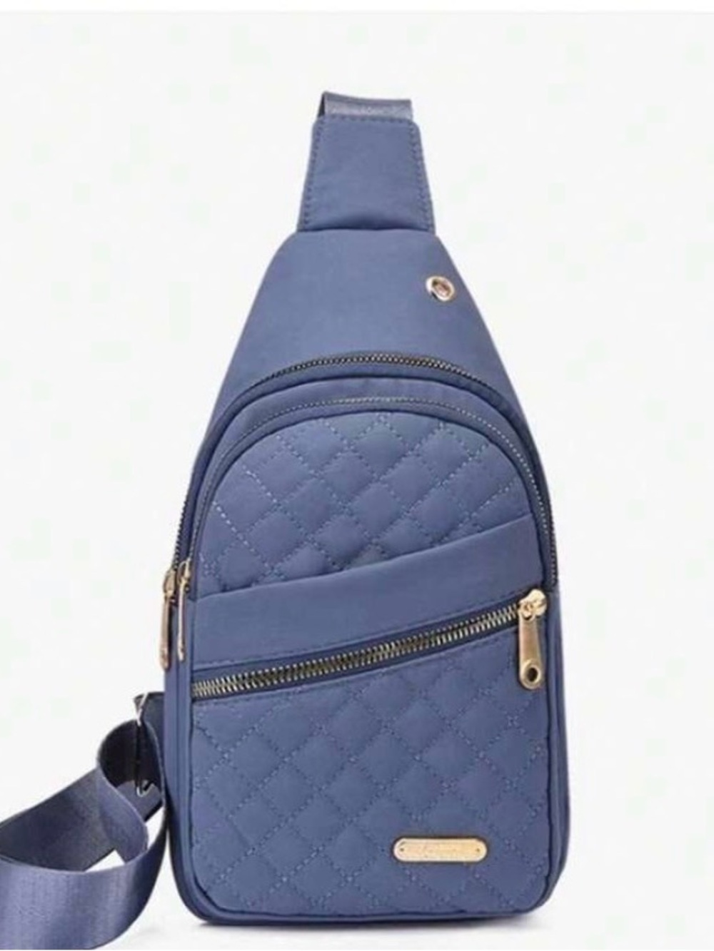 Quilted Blue Crossbody Sling Bag with Gold Hardware